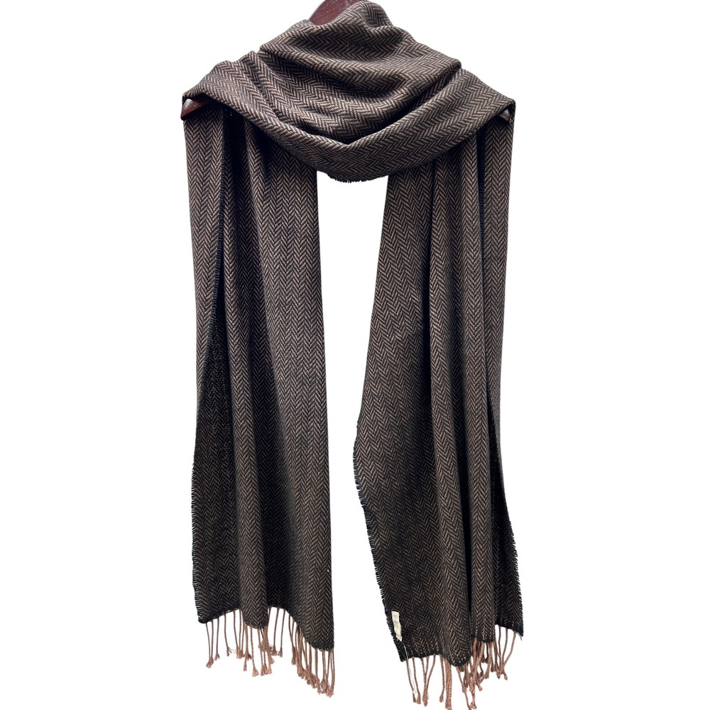 Eileen Fisher Scarf Women OS Brown Black Excellent Herringbone Fringe Trim